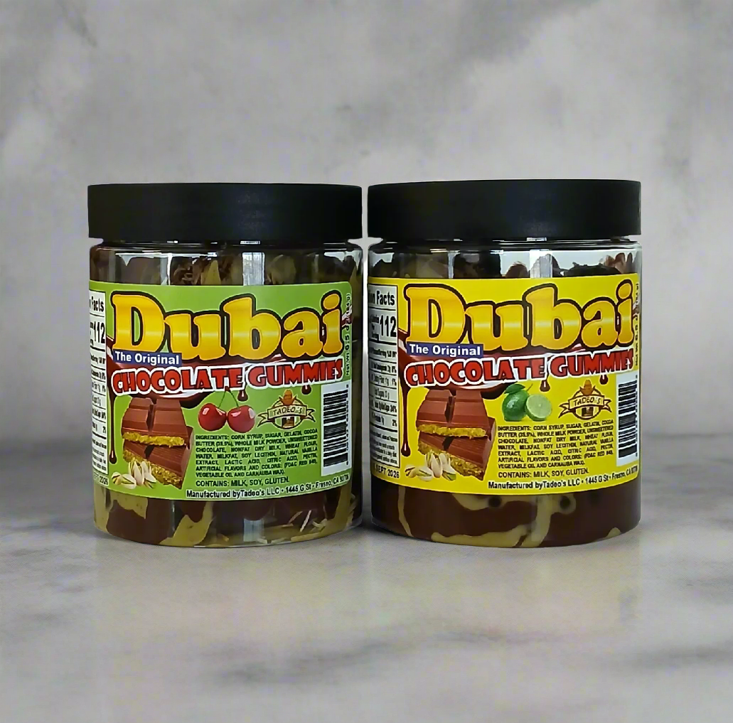 Dubai Chocolate Gummies with Lemon or Cherry Gummy Flavors