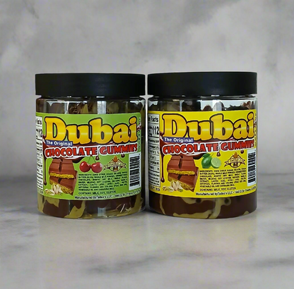 Dubai Chocolate Gummies with Lemon or Cherry Gummy Flavors