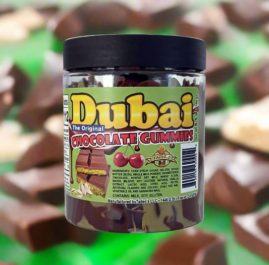Dubai Chocolate Gummies with Lemon or Cherry Gummy Flavors