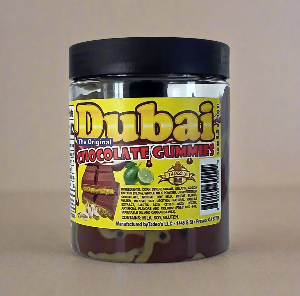 Dubai Chocolate Gummies with Lemon or Cherry Gummy Flavors