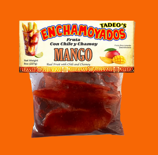 Packaged mango enchilado with Tadeo's branding