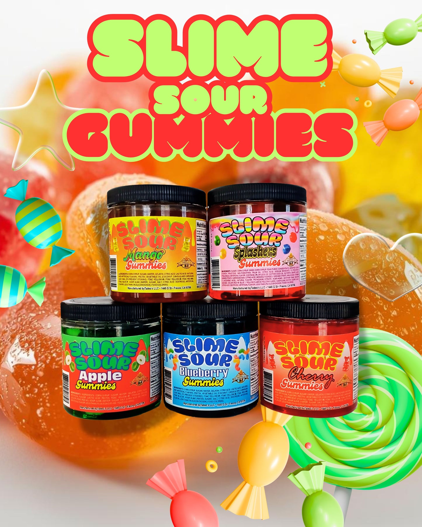 Slime Sour Gummies - Apple - Blueberry - Cherry - Mango - Splashers