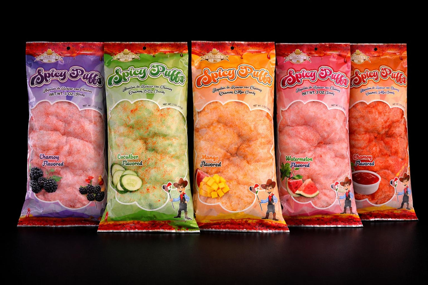 Spicy Puffs Cotton Candy - Algodon de Azucar con Chile y Chamoy - 6 Pack Assorted Flavors